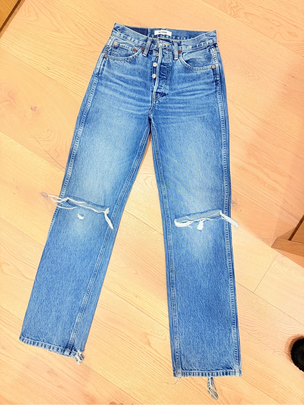 Re/Done Medium Blue Straight-Leg Jeans with Knee Distress